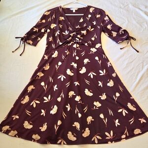 Women's Burgundy Floral Tie-Front A-Line Dress